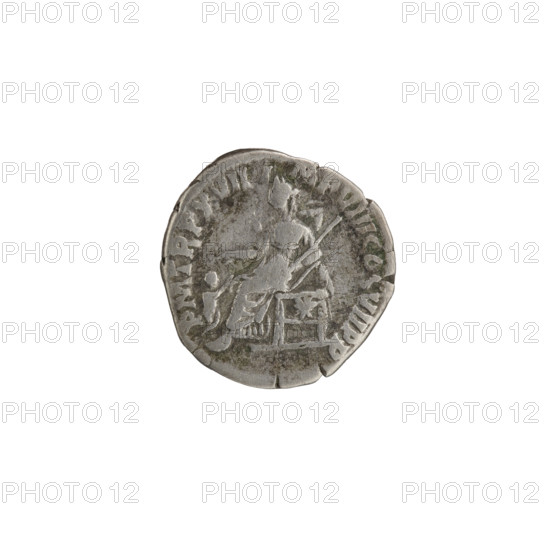 Denarius of Commodus (reigned 177–192). Obverse: laureate head of Commodus facing right, inscription AEL AVREL COM — M AVG. Reverse: Pietas seated left holding a scepter in her left hand, reaching right toward a child standing before her; star under the seat, inscription P M TR P XVII I — IMP VIII COS VII PP. Date: 192. Roman Empire, Rome. Coin; diameter 17.0–17.5 mm, weight 3.05 g, axis 180°.