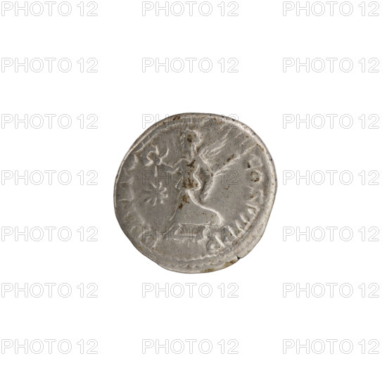 Denarius of Commodus (161–192; Roman emperor 177–192). Obverse: Head of Commodus in a laurel wreath facing right, inscription L AEL EL COM M AVG P FEL. Reverse: Victoria walking left, holding a wreath in her outstretched right hand and a palm branch in her left; star in left field, inscription P M TR P - III COS VII PP. Date: 192. Roman Empire (27 BC–476), Rome. Coin. Diameter 16.0–17.0 mm, weight 2.95 g, axis 180°.