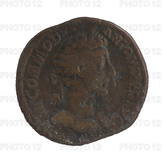 Sestertius of Commodus (reigned 177–192). Obverse: Head of Commodus in a laurel wreath to the right, inscription M COMMODVS - ANTONINVS AVG. Reverse: Annona (personification) stands left; in her right hand she holds ears of corn above a modius, in her left hand a cornucopia, inscriptions ANN, G TR, SI; field marks -C, 181. Roman Empire; Rome. Coin. Diameter 29.5–32.0 mm, weight 21.01 g, axis 0°.