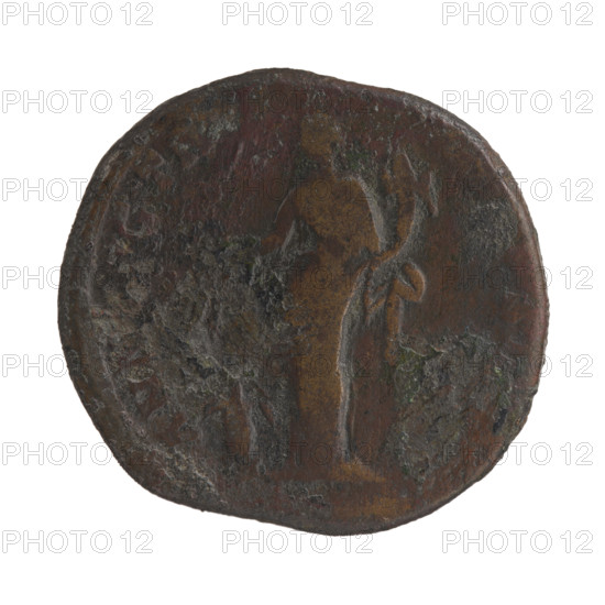 Sestertius of Commodus (161–192; Roman emperor 177–192). Obverse: Head of Commodus in a laurel wreath to the right, legend M COMMODVS - ANTONINVS AVG. Reverse: Annona (personification) stands left; in her right hand she holds ears of corn above a modius, in her left hand a cornucopia, with legend ANN G TR SI and control/field marks. Iconography: ears of corn, Annona, personifications, modii, cornucopia. Roman Empire (27 BC–476), Rome. Coin: diameter 29.5–32.0 mm, weight 21.01 g, axis 0°.