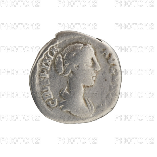 Denarius featuring Crispina (164–192?, Roman empress 178–192) and Commodus (161–192, Roman emperor 177–192) — obverse: bust of Crispina in drapery facing right, inscription 'CRIPINA AVGVSTA'; reverse: two hands clasped in a handshake, inscription 'CONCORDIA'; dated 178–183. Roman Empire (27 BC–476), Rome. Coin; diameter 17.0–18.0 mm, weight 3.35 g, axis 180°.
