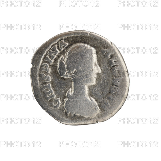 Denarius; obverse: bust of Crispina in drapery facing right, inscription CRISPINA AVGVSTA; reverse: two hands clasped in handshake, inscription CONCORDIA; issuer: Commodus; subjects: Crispina (Roman empress, b. 164? — d. 192?; Augusta 178–192) and Commodus (Roman emperor 177–192); date: 178–183; Roman Empire (27 BC–476); material: coin; diameter 17.0–18.0 mm; weight 2.80 g; axis 0°.