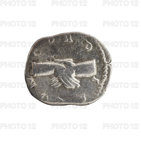 Denarius, Crispina (164–192?; Roman empress 178–192), Commodus (161–192; Roman emperor 177–192) (issuer). Bust of Crispina in drapery facing right, inscription CRISPINA·AVGVSTA around; reverse: two hands clasped, inscription CON·CORD·IA around. Date: 178–183. Roman Empire (27 BC–476). Rome. Coin. Diameter obverse 15.5 mm, reverse 18.5 mm; weight 2.55 g; axis 180°. Iconography: joined hands.