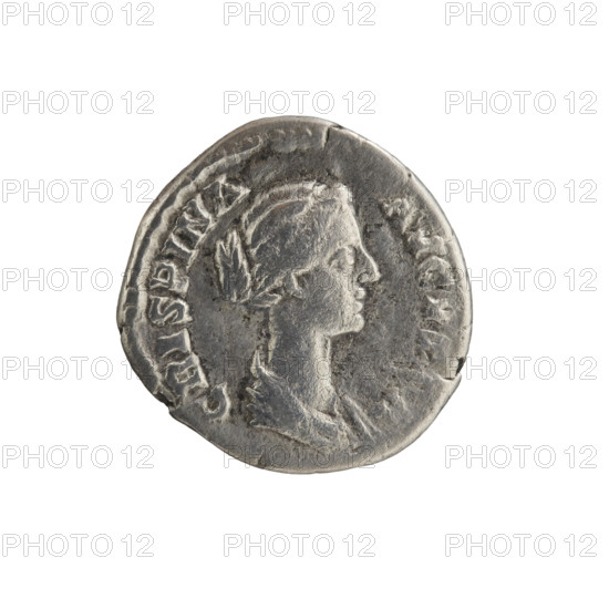 Denarius, Crispina (164–192?; Roman empress 178–192) and Commodus (161–192; Roman emperor 177–192) — issuer: Commodus. Draped bust of Crispina facing right, legend 'CRISPINA AVGV' with A all around; reverse: rectangular altar with flame, legend 'DIS·GEN·TAL·BVS' all around. Date: 178–183. Roman Empire (27 BC–476), Rome. Coin: diameter 17.0 mm, weight 3.10 g, axis 330°.