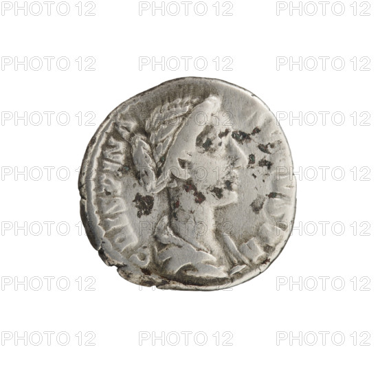 Denarius of Crispina (164–192?, Roman empress 178–192) issued under Commodus (161–192, Roman emperor 177–192). Obverse: draped bust of Crispina facing right, legend 'CRISPINA - AVGVSTA'. Reverse: Concordia standing left, holding a patera in her right hand and a cornucopia in her left, legend 'CO - NC - O - RDIA'. Date: 178–183. Roman Empire, Rome. Coin; diameter 16.5–17.0 mm, weight 2.80 g, axis 0°.