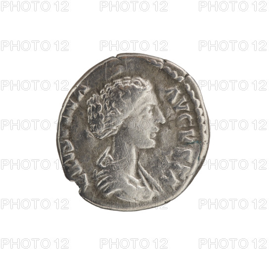 Denarius; obverse: bust of Crispina in drapery facing right, inscription 'CRIS[PIN]A AVGUSTA' (CRIS INA - AVGVSTA); reverse: Hilaritas standing left holding a cornucopia in left hand and a palm branch in right, inscription 'HILARITAS'; issuer: Commodus; dates: circa 178–183 (Commodus reign 177–192; Crispina c.164–192); place: Rome, Roman Empire; iconography: Crispina, Hilaritas personification, palm branches, cornucopiae; coin type: silver denarius; diameter 16.0–17.0 mm; weight 2.95 g; axis 180°.