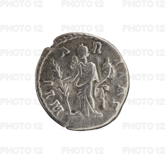 Denarius, Crispina (164–192?, Roman empress 178–192), Commodus (161–192, Roman emperor 177–192) issuer Commodus; obverse: bust of Crispina in drapery facing right, legend CRISINA AVGVSTA; reverse: Hilaritas standing left, holding a cornucopia in her left hand and a palm branch in her right, legend HILARITAS; dated 178–183, Rome, Roman Empire (27 BC–476); coin; diameter 16.0–17.0 mm; weight 2.95 g; axis 180°.
