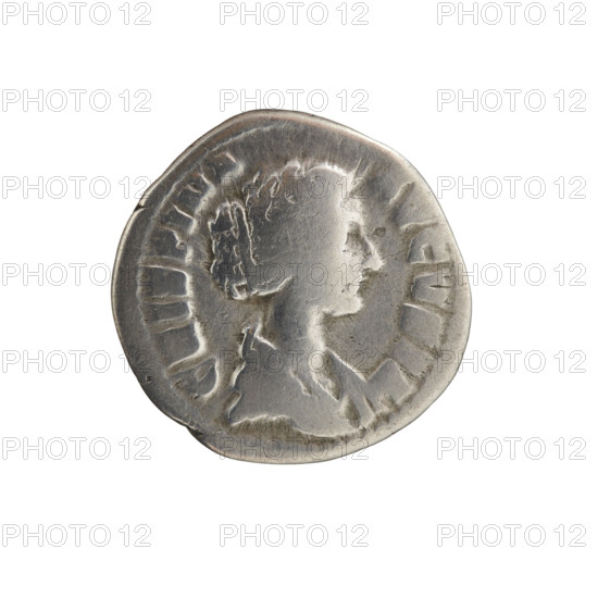 Denarius, Crispina (164–192?; Roman empress 178–192), Commodus (161–192; Roman emperor 177–192) (issuer). Obverse: Bust of Crispina in drapery facing right, inscription 'CRISPINA - AVGVSTA' all around. Reverse: Hilaritas (personification) standing left, holding a cornucopia in her left hand and a palm branch in her right, inscription 'HILARITAS' all around. Date: 178–183. Roman Empire (27 BC–476), Rome. Coin; diameter 17.5–18.0 mm, weight 2.85 g, axis 0°.