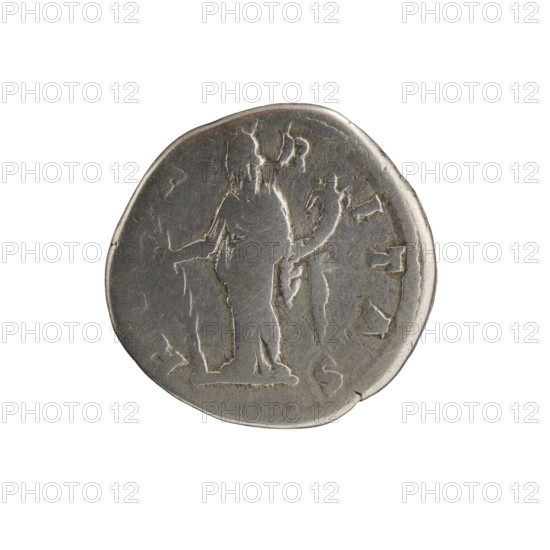 Denarius; issuer: Commodus (Roman emperor, 161–192); obverse: bust of Crispina (Roman empress, 164–c.192) in drapery facing right, legend CRISPINA AVGVSTA; reverse: Hilaritas (personification) standing left, holding a cornucopia in left hand and a palm branch in right, legend HILARITAS; date: 178–183; Roman Empire; Rome; coin; diameter 17.5–18.0 mm; weight 2.85 g; axis 0°.