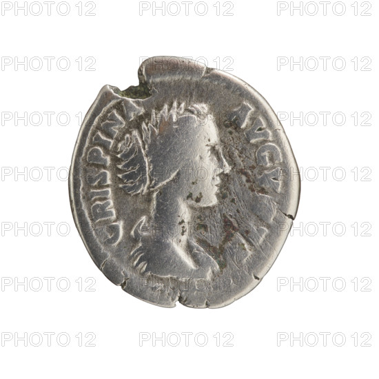 Denarius of Commodus (161–192), struck 178–183. Obverse: bust of Crispina in drapery, facing right, legend 'CRISPINA AVGVSTA'. Reverse: Hilaritas standing left, holding a cornucopia in her left hand and a palm branch in her right, legend 'HILARITAS'. Roman Empire; Rome. Coin. Diameter 18.0–19.5 mm; weight 2.82 g; axis 180°.