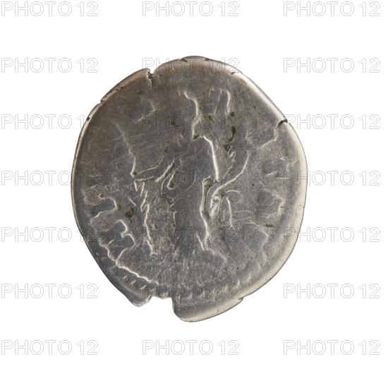 Denarius, Commodus (Roman emperor 177–192) as issuer; Crispina (Roman empress 178–191) depicted. Obverse: bust of Crispina in drapery facing right, inscription CRISPINA AVGVSTA. Reverse: Hilaritas (personification) standing left, holding a cornucopia in her left hand and a palm branch in her right, inscription HILARITAS. Date: 178–183. Culture: Roman Empire. Medium: coin. Diameter: 18.0–19.5 mm. Weight: 2.82 g. Axis: 180°.