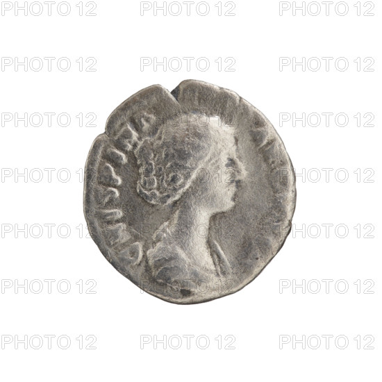 Denarius, Commodus (161–192), issuer; Crispina (164–192?), Roman empress; Roman deities: Venus; iconography: Victoria (attribute). Obverse: Bust of Crispina in drapery facing right, inscription 'CRISPINA AVGV' around. Reverse: Venus seated left, holding a long scepter in her left hand and a figurine of Victoria in her outstretched right hand, inscription 'VS F ELIX' circumferential. Date: 178–183 CE. Roman Empire (27 BC–476). Rome. Coin: diameter 16.0–17.0 mm, weight 2.30 g, axis 15°.
