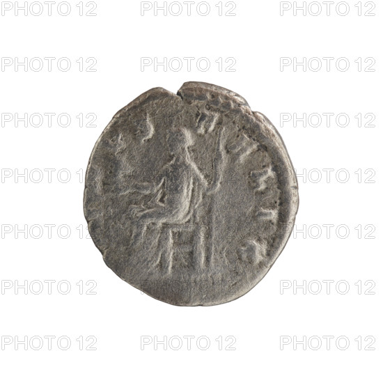 Denarius, Commodus (161–192), issuer; Crispina (164–192?), Roman empress. Obverse: Bust of Crispina in drapery facing right, inscribed CRISPINA·AVGV. Reverse: Venus seated left holding a long scepter in her left hand and a figurine of Victoria in her outstretched right hand, inscription -VS·F·-·ELIX. Date: 178–183 CE. Roman Empire, Rome. Coin: diameter 16.0–17.0 mm, weight 2.30 g, axis 15°.