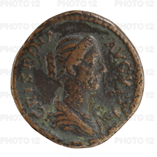 Sestertius (coin) of Crispina (164–192?, Roman empress 178–192) issued under Commodus (161–192, Roman emperor 177–192). Obverse: Bust of Crispina in drapery facing right, inscription CRISPINA·AVGVNTA. Reverse: Laetitia standing left, holding a wreath in her right hand and a rudder placed on a globe in her left; inscription LAETITIA, control letters in SC fields. Date (original issue): 178–183. Roman Empire; Rome. Coin; bronze. Diameter 33.5 mm, weight 28.50 g, axis 180°.