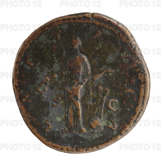 Sestertius of Crispina (164–192?), Roman empress (178–192), issued under Commodus (161–192), Roman emperor (177–192). Obverse: bust of Crispina in drapery facing right, legend CRISPINA - AVGV, TA. Reverse: Laetitia standing left, holding a wreath in her right hand and a rudder placed on a globe in her left, legend LAETITIA; in SC fields. Date attributed ca. 178–183. Roman Empire; Rome. Coin; diameter 33.5 mm; weight 28.50 g; axis 180°.