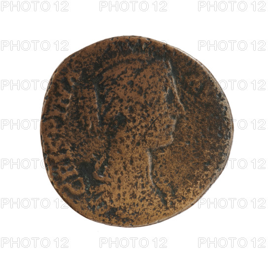 Sestertius (coin), Roman Empire (27 BC–476), minted 178–183. Obverse: bust of Crispina in drapery facing right, inscription CRISPINA - AV. Reverse: Pudicitia (personification) veiled, seated left, right hand on breast, left hand lowered, inscription PVDIC, in SC fields. Issuer: Commodus (emperor 177–192). Coin: diameter 28.0 mm, weight 20.72 g, axis 165°. Makers/subjects: Crispina (empress, b. 164?–d. 192?) and Commodus (emperor, 161–192).
