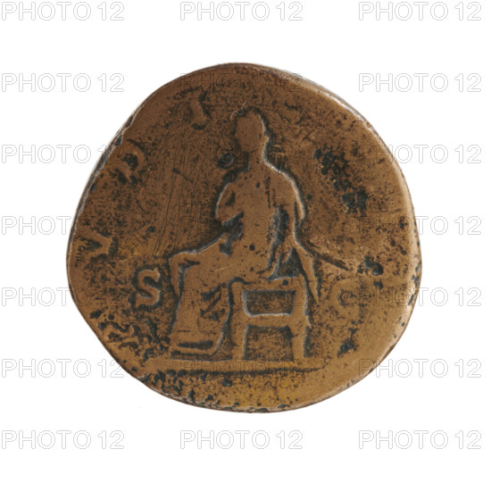 Sestertius of Crispina (164–192?; Roman empress 178–192) issued under Commodus (161–192; Roman emperor 177–192). Obverse: bust of Crispina in drapery facing right, legend 'CRISPINA - AV' all around. Reverse: Pudicitia (personification) veiled, seated left, right hand on breast, left hand lowered, legend 'PVDIC' all around, in SC fields. Date: 178–183. Roman Empire (27 BC–476), Rome. Coin: diameter 28.0 mm, weight 20.72 g, axis 165°.