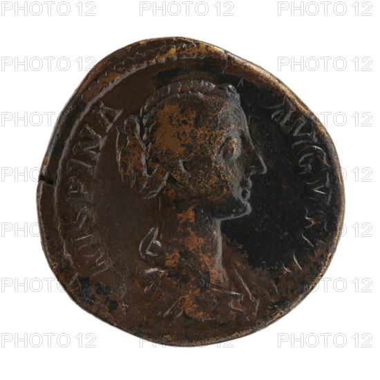 Sestertius, Crispina (164–192?, Roman empress 178–191) and Commodus (161–192, Roman emperor 177–192) issuer: Commodus. Obverse: Bust of Crispina in drapery facing right, inscription 'CRISPINA AVGV[STA]' all around. Reverse: Laetitia standing left, holding a wreath in her right hand and a rudder in her left, globe in field, inscription 'LAET...' all around, 'SC' in fields. Date: 178–183. Roman Empire, Rome. Coin: diameter 32.0 mm, weight 25.50 g, axis 180°.