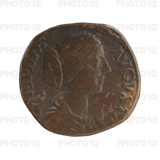 Sestertius of Crispina (164–192?; Roman empress 178–191), issued under Commodus (161–192; Roman emperor 177–192). Obverse: bust of Crispina in drapery facing right, inscription RISPINA - AVGVSTA. Reverse: Venus seated left holding a long scepter in her left hand and a small figurine in her outstretched right hand; Victoria, all around. Date: 178–183. Roman Empire, Rome. Coin; diameter 27.5–30.0 mm, weight 20.01 g, axis 165°.