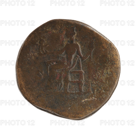 Sestertius of Crispina (164–192?, Roman empress 178–192) issued under Commodus (161–192, Roman emperor 177–192). Obverse: bust of Crispina in drapery facing right, inscription RISPINA AVGVSTA. Reverse: Venus seated left holding a long scepter in her left hand and a figurine in her outstretched right hand, with Victoria in the fields. Date: 178–183. Roman Empire, Rome. Coin: diameter 27.5–30.0 mm, weight 20.01 g, axis 165°.
