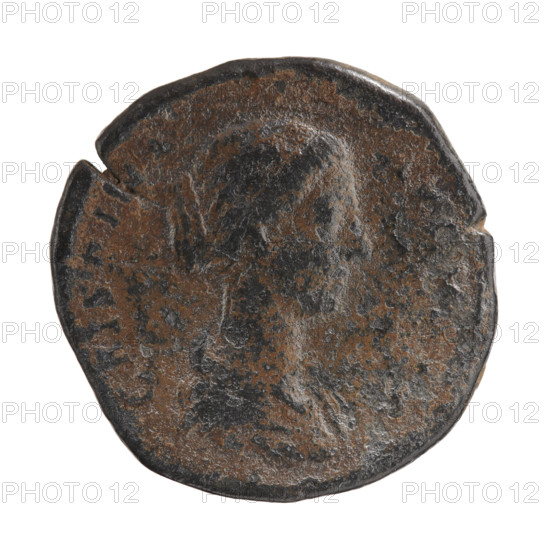 Sestertius, Crispina (164–192?; Roman empress 178–192), issuer Commodus (161–192; Roman emperor 177–192). Obverse: Draped bust of Crispina facing right, legend 'CRISPINA - AV' all around. Reverse: Salus seated left on a backrest seat; in right hand she holds a patera feeding a snake coiled around an altar, left hand on the seat back, legend 'VS' (all around). In fields: - C. Dating for the type: 178–183 (for the original). Roman Empire (27 BC–476), Rome. Coin (sestertius): diameter ~32.0–32.5 mm, weight 20.30 g, axis 180°.