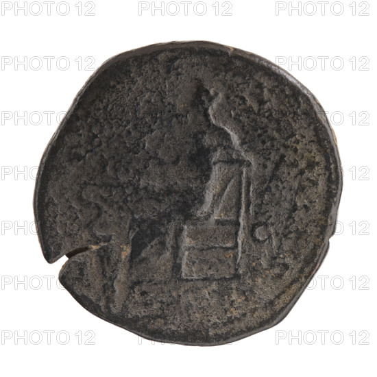 Sestertius (coin), Roman Empire, 178–183 (for the original). Obverse: draped bust of Crispina facing right, inscription 'CRISPINA - AV' all around. Reverse: Salus (personification) seated left; in her right hand she holds a patera from which she feeds a snake coiled around an altar, her left hand rests on the backrest; inscription 'VS' all around; field mark 'C'. Maker/issuer: Commodus (emperor 177–192). Materials and measurements: coin, weight 20.30 g, diameter c. 32.0–32.5 mm, axis 180°.