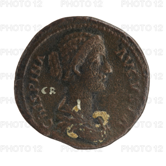Sestertius, Crispina (164–192?; Roman empress 178–191) and Commodus (161–192; Roman emperor 177–192), issuer Commodus; obverse: bust of Crispina in drapery to the right, inscription 'CRISPINA - AVGVSTA'; reverse: Salus seated left, right hand holds a patera feeding a snake wrapped around an altar, left hand on the seat backrest, inscription 'S A - LVS' with control marks 'S - C'; date c. 178–183 (for the original); Roman Empire (27 BC–476), Rome; coin, bronze sestertius; diameter 30.5–32.0 mm, weight 26.90 g, axis 345°.