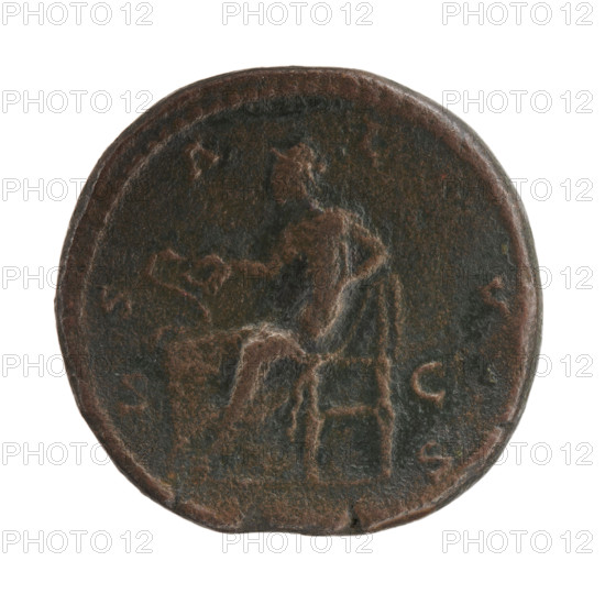 Sestertius of Commodus and Crispina (circa 178–183). Obverse: Bust of Crispina draped, right, inscription CRISPINA AVGVSTA. Reverse: Salus seated left on a seat, holding a patera in her right hand feeding a snake coiled around an altar, left hand on the backrest; inscription S A LVS with control marks S • C. Bronze coin, dia. ~30.5–32.0 mm, weight 26.9 g, axis 345°. Roman Empire (27 BC–476).