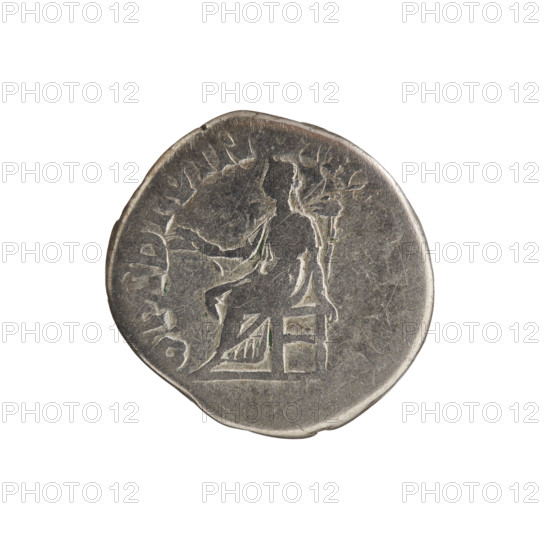 Denarius of Pertinax (emperor 126–193 CE), 193 CE. Obverse: head of Pertinax in a laurel wreath facing right, inscription around (MP, ES P HELV - PERTIN AVG). Reverse: personification of Ops seated left, holding two ears of corn in right hand, left hand on the seat, inscription around (OPI DIVIN - TR, I). Iconography: Pertinax; Ops (personification); ears of corn. Roman Empire (27 BCE–476 CE), Rome. Coin; diameter 16.5–17.0 mm; weight 3.25 g; axis 0°.
