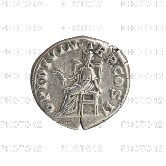Denarius of Pertinax (126–193), Roman emperor (reigned 1 Jan–28 Mar 193). Obverse: head of Pertinax in a laurel wreath facing right, legend IMP CAES P HELV - PERTIN AVG. Reverse: Ops (personification) seated left, holding two ears of corn in her right hand and resting her left hand on the seat, legend OPI DIVIN - TR P COS II. Iconography: ears of corn, personifications. Date: 193. Roman Empire (27 BC–476), Rome. Coin: diameter 16.0–17.5 mm, weight 3.25 g, axis 15°.