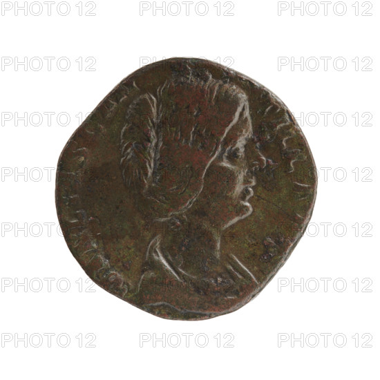 Sestertius, issuer Didius Julianus (133–193, Roman emperor 28 Mar–2 Jun 193) and Manlia Scantilla (fl. 193; Roman empress 28 Mar–1 Jun 193). Obverse: bust of Manlia Scantilla in drapery facing right, legend 'MANLIA SCAN - TILLA AV.' Reverse: Juno standing left, holding a patera in her right hand and a long sceptre in her left; a peacock at her feet, legends 'NA' all around, 'in SC fields.' Date: 193. Roman Empire (27 BC–476), Rome. Coin: sestertius; diameter 27.0–28.0 mm; weight 18.72 g; axis 0°.