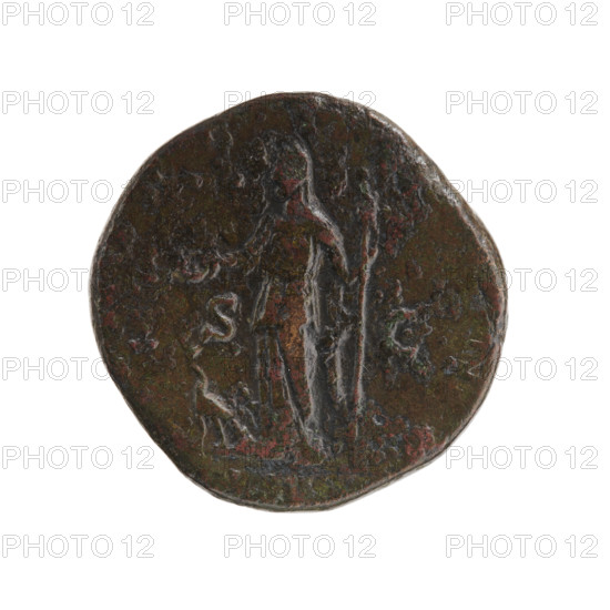 Sestertius, issuer Didius Julianus (133–193, Roman emperor 28 Mar–2 Jun 193) and Manlia Scantilla (fl. 193; Roman empress 28 Mar–1 Jun 193). Obverse: Bust of Manlia Scantilla in drapery facing right, legend 'MANLIA SCAN-TILLA AV'. Reverse: Juno standing left, holding a patera in her right hand and a long sceptre in her left; a peacock at her feet; legend 'NA' all around; control letters in fields 'SC'; date 193. Roman Empire (27 BC–476), Rome. Coin: sestertius; diameter 27.0–28.0 mm; weight 18.72 g; axis 0°.