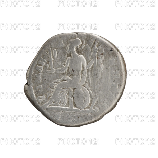 Denarius, Clodius Albinus (ca. 150–197; Roman emperor 193–197), caesar 193–195; issuer: Septimius Severus (146–211; Roman emperor 193–211). Obverse: Head of Clodius Albinus without a cap facing right, inscription D CLOD SEPT - BIN CAES. Reverse: Roma seated on a round shield facing left, holding a palladium in her right hand and a spear in her left, inscription ROMAE - A - E - ERNA. Date: 193–195. Roman Empire (27 BC–476), Rome. Coin: denarius; diameter 18.0–18.5 mm, weight 3.52 g, axis 180°.