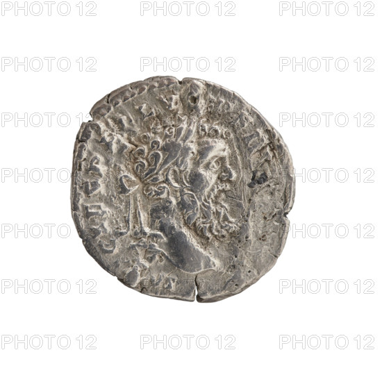 Denarius of Pertinax (Roman emperor 126–193), obverse: head of Pertinax in laurel wreath facing right, legend CAES P HELV - PERT; reverse: Laetitia standing left, holding a wreath in her right hand and a long scepter in her left, legend LAETITIA. Minted 193 CE, Roman Empire (27 BC–476). Coin; diameter 17.0–17.5 mm, weight 2.57 g, axis 180°.