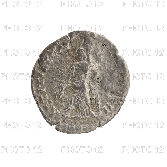 Denarius of Pertinax (126–193), Roman Empire, 193. Obverse: head of Pertinax in laurel wreath facing right, inscription 'CAES P HELV · PERT'. Reverse: Laetitia standing left, holding a wreath in her right hand and a long scepter in her left, inscription 'LAETITIA'. Bronze/metal coin; diameter ~17.0–17.5 mm, weight 2.57 g, axis 180°.