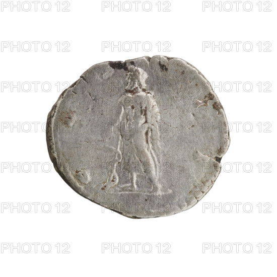 Denarius, Clodius Albinus (ca. 150–197; Roman emperor 193–197), Caesar 193–195; Septimius Severus (146–211; Roman emperor 193–211) (issuer). Obverse: Head of Clodius Albinus bare, facing right, inscription ALBIN CAES. Reverse: Aesculapius, half-naked, standing left, holding a staff around which a snake coils; inscription C OS - II; date ca. 194–195. Roman Empire (27 BC–476), Rome. Coin: diameter 17.5–19.5 mm, weight 3.15 g, axis 0°.