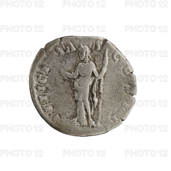 Denarius, ca. 194–195. Obverse: Head of Clodius Albinus uncovered to the right, inscribed D CLOD SEPT - ALBIN CAES. Reverse: Felicitas personified standing left, holding a caduceus in her right hand and a long scepter in her left, inscribed FELICI - TA - S - COS II. Issuers: Clodius Albinus (ca. 150–197; caesar 193–195) and Septimius Severus (146–211; Roman emperor 193–211). Iconography: Felicitas, caducei, scepters. Roman Empire (27 BC–476), Rome. Coin: diameter 17.5–18.5 mm, weight 3.32 g, axis 165°.