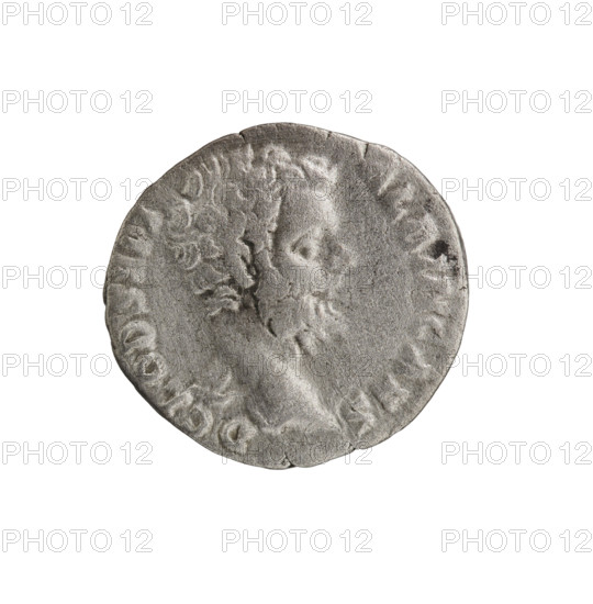 Denarius, portrait of Clodius Albinus (ca. 150–197) as Caesar; issuer: Septimius Severus (146–211, Roman emperor 193–211). Obverse: Head of Clodius Albinus without a cap to the right, inscription D CLOD SEPT - ALBIN CAES. Reverse: Minerva standing frontally, head turned left, holding a branch in her right hand, left hand resting on a shield on the ground, spear on her left shoulder, inscription - CIF C, II. Iconography: Clodius Albinus, Roman deities, branch, shields, spears. Date: 194–195. Roman Empire (27 BC–476), Rome. Coin: silver denarius; diameter 17.0–17.5 mm, weight 2.98 g, axis 180°.