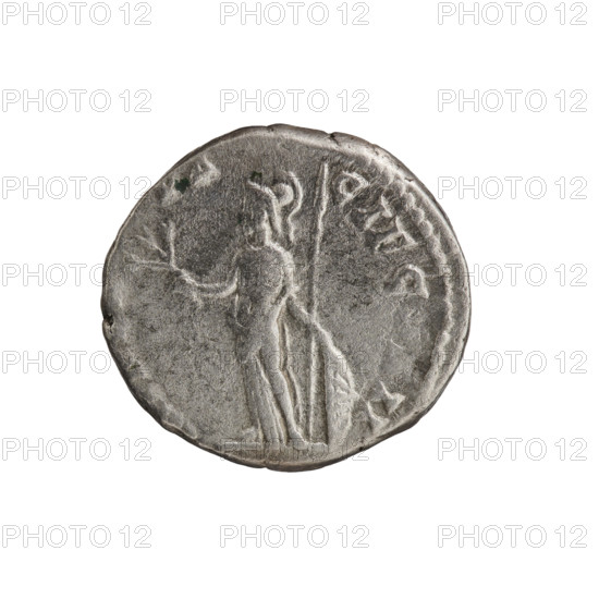 Denarius of Septimius Severus (146–211; Roman emperor 193–211), issued under Clodius Albinus (ca. 150–197; caesar 193–195). Obverse: Head of Clodius Albinus bare, facing right, inscription D CLOD SEPT - ALBIN CAES. Reverse: Minerva standing frontally, head turned left, holding a branch in her right hand, left hand resting on a shield on the ground, spear on her left shoulder, inscription - CIF C, II. Date: 194–195. Roman Empire; Rome. Coin; diameter 17.0–17.5 mm; weight 2.98 g; axis 180°.