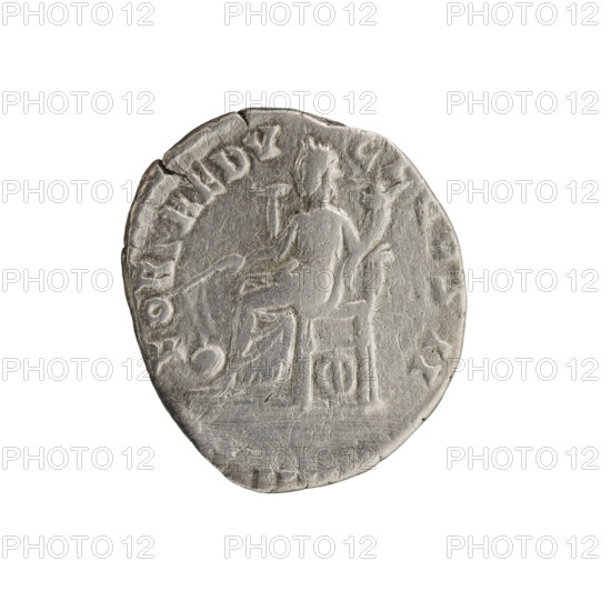 Denarius, Clodius Albinus (ca. 150–197; Roman emperor 193–197), issued during reign of Septimius Severus (146–211; Roman emperor 193–211), ca. 194–195. Obverse: head of Clodius Albinus without a cap facing right, inscription 'D·CL·SEPT·AL·BIN·CAES' (circumferential). Reverse: Fortuna seated left, holding a rudder resting on a globe in her right hand and a cornucopia in her left; a wheel under the seat, inscription 'FOR·REDV·CI·COS·II' (circumferential). Roman Empire, Rome. Coin: diameter 16.0–18.0 mm, weight 2.70 g, axis 165°.