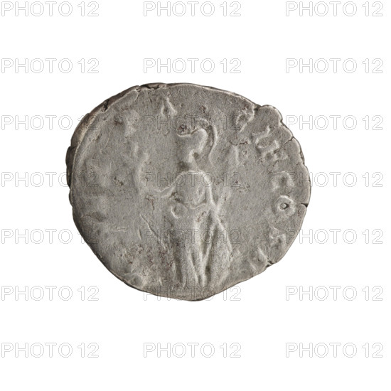 Denarius, Septimius Severus (146–211; Roman emperor 193–211), issuer; Clodius Albinus (c.150–197; Roman usurper/caesar 193–195), depicted; Roman deities — Minerva. Obverse: head of Clodius Albinus without a cap to the right, legend CLOD SEPT - ALBIN CAES. Reverse: Minerva stands frontally, head turned left, holds a branch in her right hand, left hand rests on a shield standing on the ground, a spear rests on her left shoulder, legend ER PA - CIF COS II. Date: 194–195 CE. Roman Empire; Rome. Coin type: denarius; material: silver. Dimensions: diameter 16.0–18.5 mm; weight 2.56 g; axis 0°.