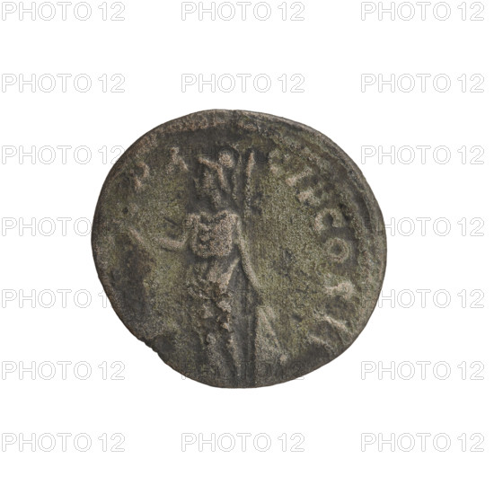 Denarius (possible forgery) attributed to Clodius Albinus (ca. 150–197; Roman emperor 193–197) and Septimius Severus (146–211; Roman emperor 193–211); issuers: Caesar 193–195 and Septimius Severus. Obverse: Head of Clodius Albinus without a cap, facing right, inscription 'ALBIN CAE' all around. Reverse: Minerva standing frontally, head turned left, holding a branch in her right hand, left hand resting on a shield on the ground, a spear resting on her left shoulder, inscription 'PA - CIF COS II' all around. Date: 194–195. Roman Empire (27 BC–476), Rome. Coin: diameter 16.5–17.5 mm, weight 1.90 g, axis 180°.