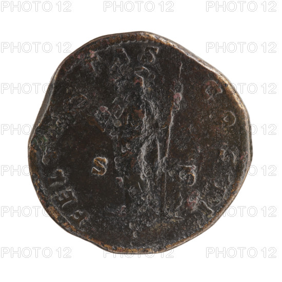 Sestertius, Clodius Albinus (ca. 150–197; Roman emperor 193–197), Caesar 193–195; Septimius Severus (146–211; Roman emperor 193–211) (issuer). Obverse: Head of Clodius Albinus without a covering to the right, inscription D CLOD SEPT-ALBIN CAES all around. Reverse: Felicitas standing left, holding a caduceus in his right hand and a long scepter in his left, inscription FELI TAS-COS II all around, in SC fields. Date: 194–195. Roman Empire, Rome. Coin; diameter 31.0–32.0 mm, weight 24.60 g, axis 195°. Iconography: scepters, personifications, caduceuses; Felicitas; Clodius Albinus.