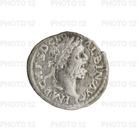denarius, Clodius Albinus (ca. 150–197; Roman emperor 193–197), issuer: Clodius Albinus — obverse: head of Clodius Albinus in a laurel wreath facing right, inscription IMP CAES D CL - ALBIN AVG; reverse: Victoria walking right, holding a wreath in her right hand and a palm branch in her left, inscription VICT AV - G COS II; date: 195–197; Roman Empire (27 BC–476); material: coin; diameter: 16.5–17.5 mm; weight: 2.41 g; axis: 180 degrees