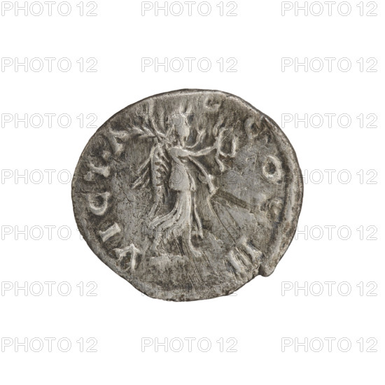 Denarius of Clodius Albinus (ca. 150–197; Roman emperor 193–197). Obverse: Head of Clodius Albinus in a laurel wreath facing right, inscription 'IMP CAES D CL - ALBIN AVG' all around. Reverse: Victoria walking right, holding a wreath in her right hand and a palm branch in her left, inscription 'VICT AV - G COS II' all around. Date: 195–197. Roman Empire (27 BC–476). Coin type: silver denarius. Diameter: 16.5–17.5 mm. Weight: 2.41 g. Axis: 180°.