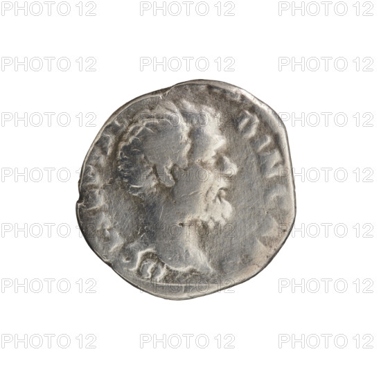 Denarius (forgery) of Clodius Albinus (ca. 150–197; Roman emperor 193–197), caesar 193–195; issuer Septimius Severus (146–211; Roman emperor 193–211). Head of Clodius Albinus without a cap to the right, inscription D CL SEPT AL - BIN CAES circumferential; reverse: Roma seated on a round shield facing left, holding a palladium in her right hand and a spear in her left, inscription ROMAE - AE - TERNAE circumferential. Personifications, shields, spears; iconography of Clodius Albinus and Septimius Severus. Date: 193–195. Roman Empire (27 BC–476). Coin: diameter 16.0–17.0 mm, weight 2.80 g, axis 345°.