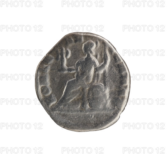 Denarius (forgery) of Clodius Albinus (ca. 150–197; Roman emperor 193–197), also referencing Septimius Severus (146–211; Roman emperor 193–211) as issuer; obverse: head of Clodius Albinus without a cap facing right, inscription 'D CL SEPT AL - BIN CAES' (circumferential); reverse: Roma seated on a round shield facing left, holding a palladium in her right hand and a spear in her left, with shields and spears, inscription 'ROMAE - AE - TERNAE' (circumferential); iconography of Clodius Albinus and Septimius Severus noted; date ca. 193–195; Roman Empire (27 BC–476), Rome; coin: diameter 16.0–17.0 mm, weight 2.80 g, axis 345°.
