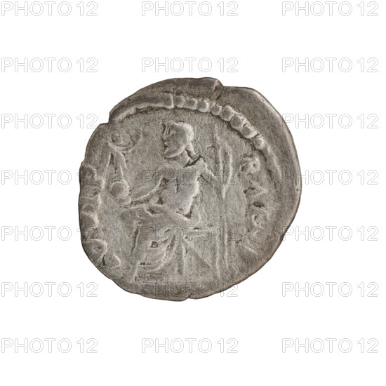 Denarius of Pescennius Niger (ca. 135–194; Roman emperor 193–194). Obverse: Head of Pescennius Niger in a laurel wreath facing right, inscription IMP CAES CP ESCE NIGER. Reverse: Jupiter seated on a throne facing left, holding Victoria standing on a globe in his right hand and a scepter in his left, inscription IOVI P RAE OR. Date: 193–194. Roman Empire, struck in Antioch on the Orontes. Coin; diameter 16.5–18.0 mm, weight 2.40 g, axis 180°.