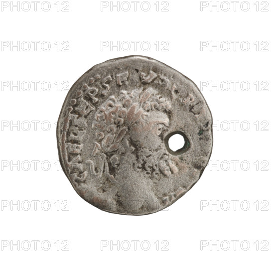 Denarius (with a hole). Roman deities: Fortuna; Septimius Severus (Roman emperor, 146–211) — iconography. Obverse: IMP CAEL SEP SEV PERT (?) — head of Septimius Severus with a laurel wreath facing right; pearl rim. Reverse: FORTVN — Fortuna standing turned left, holding a rudder in her right hand and a cornucopia in her left; pearl rim. Date: 194. Roman Empire (27 BC–476). Emesa. Coin. Diameter 17.0 mm; weight 3.10 g.