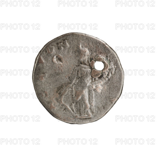 Denarius (with a hole). Obverse: Head of Septimius Severus with a laurel wreath facing right, pearl rim; inscription IMPCAELSEPSE VPERT (partially uncertain). Reverse: Fortuna standing turned left, holding a rudder in her right hand and a cornucopia in her left; inscription FORTVN. Roman Empire, 194. Emesa. Coin; diameter 17.0 mm; weight 3.10 g.